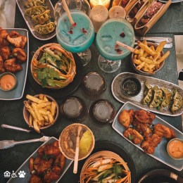 a spread of food and drink