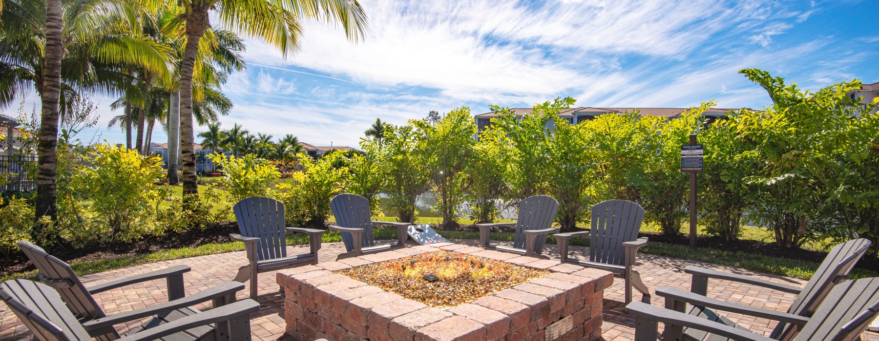 a fire pit with trees around it