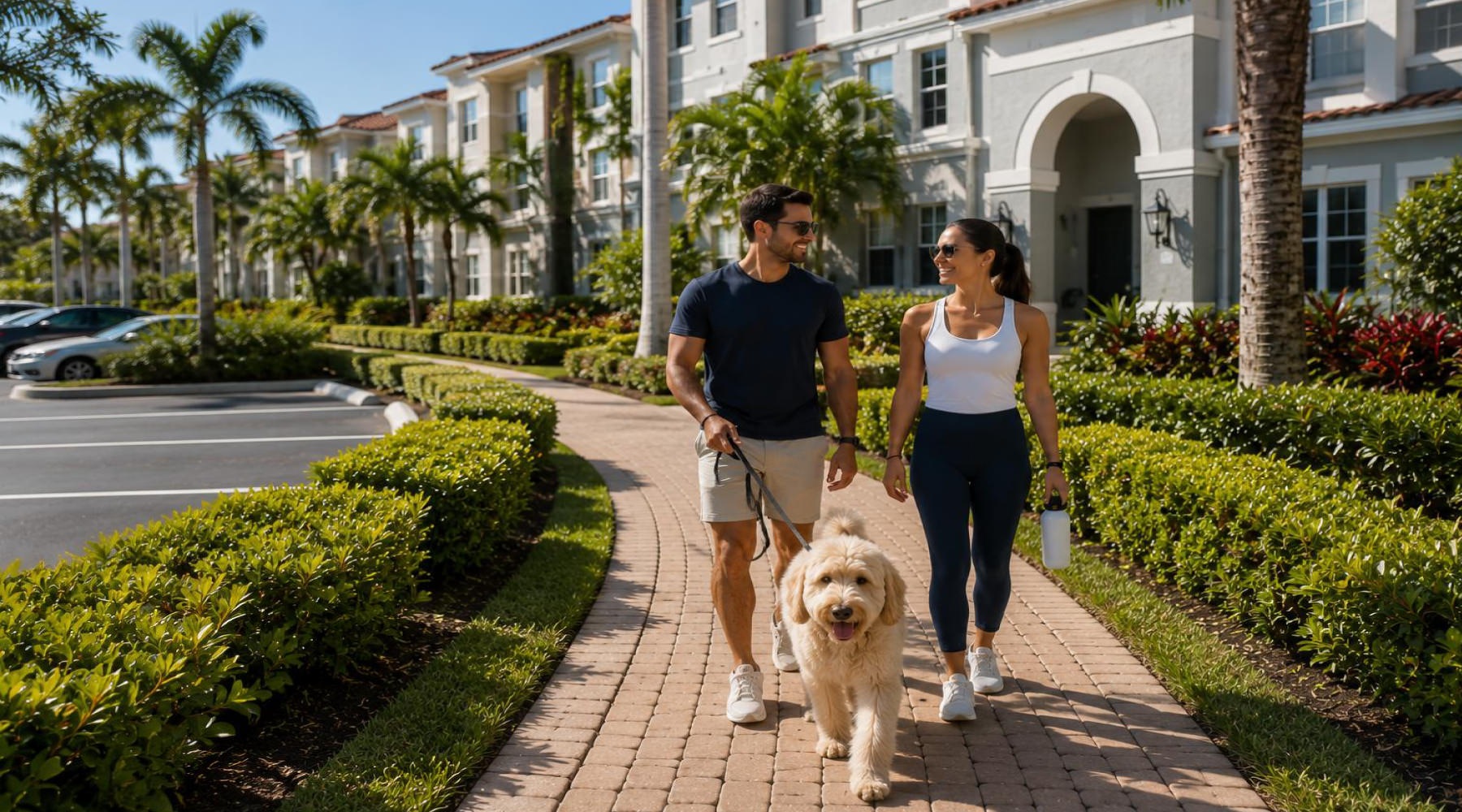 a couple walking their dog in a coastal area near a building